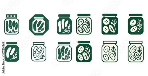 Set of green jar icons with pickles and herbs in various designs