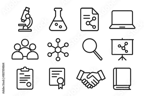Scientific Collaboration Icons. Scientific collaboration. Line icon set of Scientific collaboration: microscope, laboratory flask, research paper, laptop,