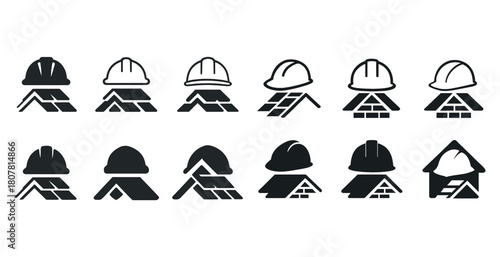Construction and roofing icons: hard hats, roofs, industrial symbols collection