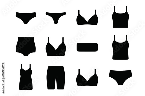 Seamless Underwear Icons. Seamless Underwear. Solid icon set of Seamless Underwear: bikini brief, thong, hipster brief, boyshort, high waist brief, bralette,