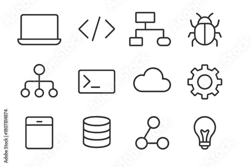 Programming Workflow Icons. Programming workflow. Line icon set of programming workflow: laptop, code brackets, flowchart, bug, commit, terminal, cloud, gear,