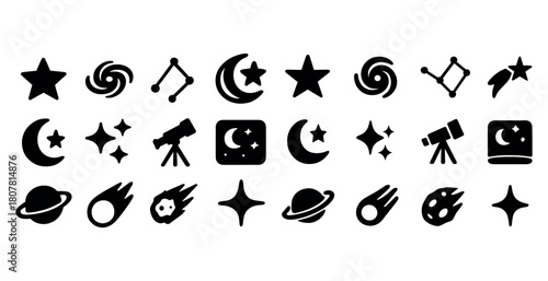 Collection of space-themed icons featuring planets, stars, and telescopes
