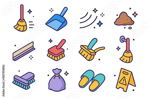 Sweeping Floor Icons. Sweeping the floor. Colorful isometric vector icons set of Sweeping the floor: broom, dustpan, sweeping motion lines, corner dirt pile,