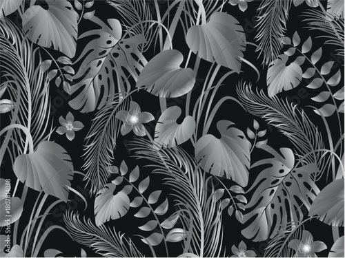 Seamless pattern with monochrome flowers in silver shades on grey for textiles and design. Vector illustration
