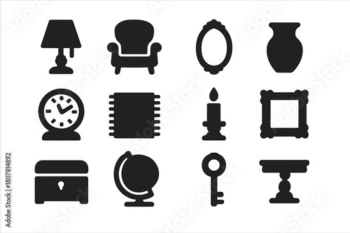 Vintage Icon Set. Vintage decor. Solid icon set of vintage decor: lamp, chair, mirror, vase, clock, rug, candle, frame, chest, globe, key, table. Filled icons