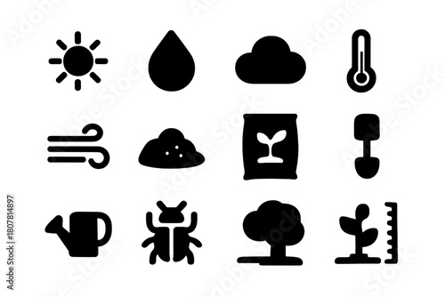 Environmental Icon Set. Environmental Factors. Solid icon set of Environmental Factors: sunlight, rain drop, cloud, temperature gauge, wind, soil, fertilizer