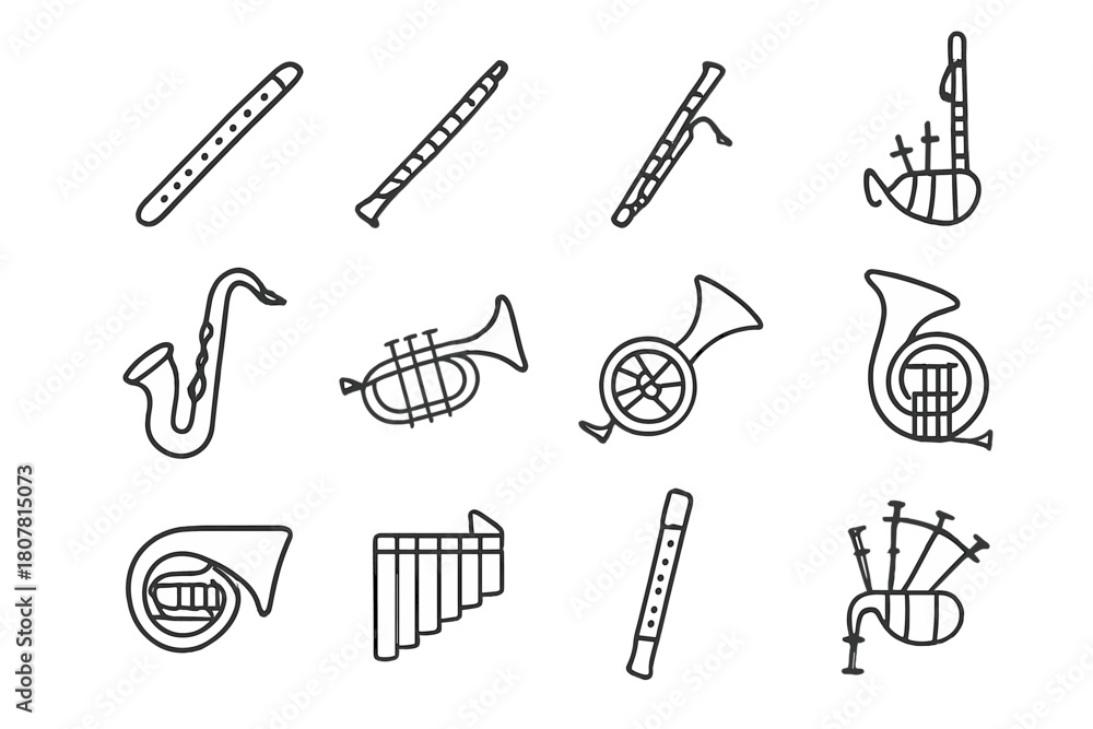 Obraz premium Wind Instrument Icons. Wind instruments. Line icon set of wind instruments: flute, clarinet, oboe, bassoon, saxophone, trumpet, trombone, french horn, tuba,