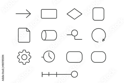 Process Mapping Icons. Process mapping. Line icon set of process mapping: flow arrow, process box, input symbol, decision diamond, document, data flow,