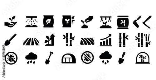 Agriculture and farming icons set: tools, plants, and weather symbols