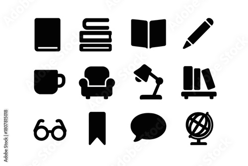 Community Reading Icons. Community Reading. Solid icon set of Community Reading: book, stack of books, open notebook, pen, coffee cup, chair, lamp, bookshelf,