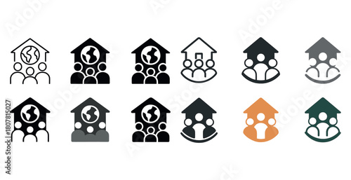 Diverse family home icons: global community symbols