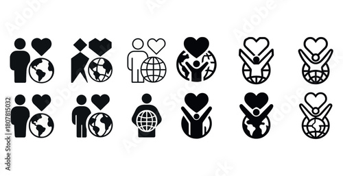 Icons of people with hearts and globes: love and global unity symbols