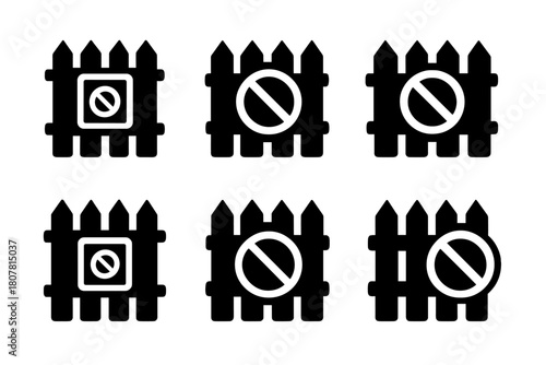 Restricted Area Icons. Restrictions. Icon set. Set Logo of Restricted Area: Fence and sign. Symmetrical form, Stylized detail, Negative space, Minimal outline,