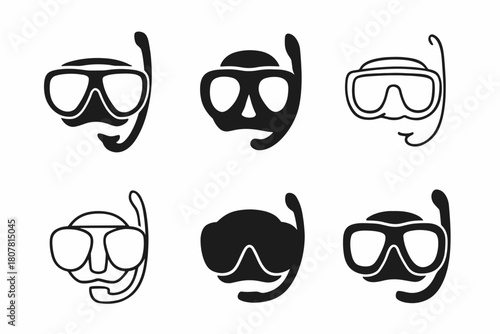 Snorkeling Mask Icons. Snorkeling mask. Icon set. Set Logo of Snorkeling mask: Mask lens close-up. harmonious logo variations of the same emblematic concept,