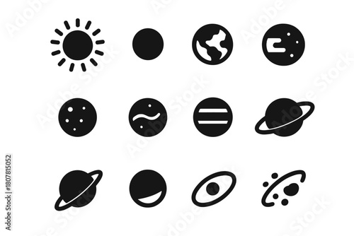 Solar System Icons. Solar system. Solid icon set of Solar system: sun, mercury, venus, earth, moon, mars, jupiter, saturn, uranus, neptune, orbit line,