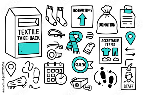 Textile Recycling Icons. // Textile take-back bins. Hand-drawn doodle illustration textile take-back bins [storefront bin (accented), donation bag (accented),