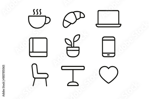 Coffee Shop Icons. Coffee shop hangout. Line icon set of coffee shop hangout: coffee cup, croissant, laptop, book, plant, phone, chair, table, to-go cup,