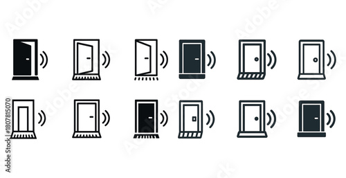 Set of smart door icon designs with wireless signal symbols