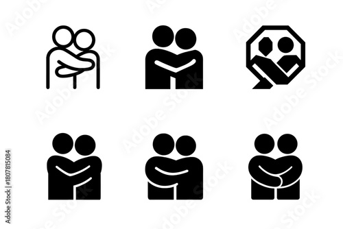Warm Embrace Logos. Warm hug. Icon set. Set Logo of Warm Hug: two human figures embracing. harmonious logo variations of the same emblematic concept, each with