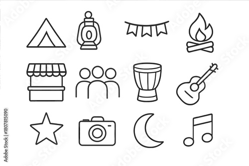 Festival Line Icons. Festival Atmosphere. Line icon set of Festival Atmosphere: tent, lantern, flag string, bonfire, food stall, people crowd, drum, guitar,