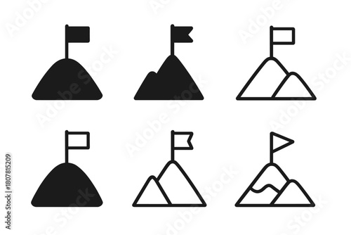 Abstract Hill Logos. Hill. Icon set. Set Logo of Hilltop Flag: Marker on peak. Flat solid, Iconic shape, Minimal outline, Filled silhouette, Abstract