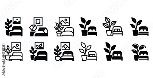 Minimalist interior icons set: bedrooms and plants in black and white