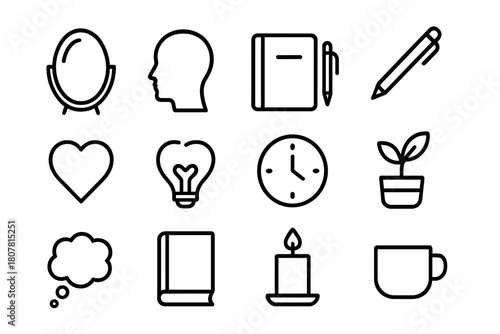 Self-Reflection Icon Set. Self-reflection. Line icon set of self-reflection: mirror, head silhouette, journal, pen, heart, light bulb, clock, plant, candle,