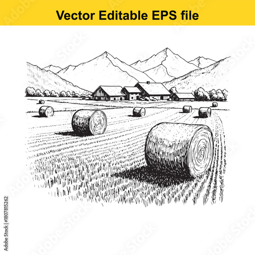 A picturesque farm landscape with hay bales scattered across a field, set against a backdrop of rolling hills and farmhouses isolated on