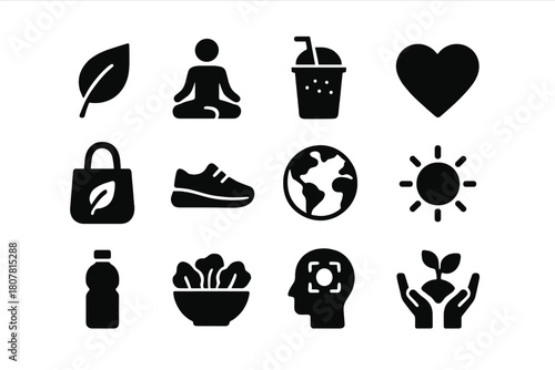 Vegan Icon Collection. Vegan lifestyle. Solid icon set of Vegan lifestyle: plant leaf, yoga pose, smoothie, heart, reusable bag, running shoe, earth globe,