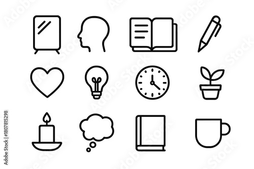 Self-Reflection Icon Set. Self-reflection. Line icon set of self-reflection: mirror, head silhouette, journal, pen, heart, light bulb, clock, plant, candle,