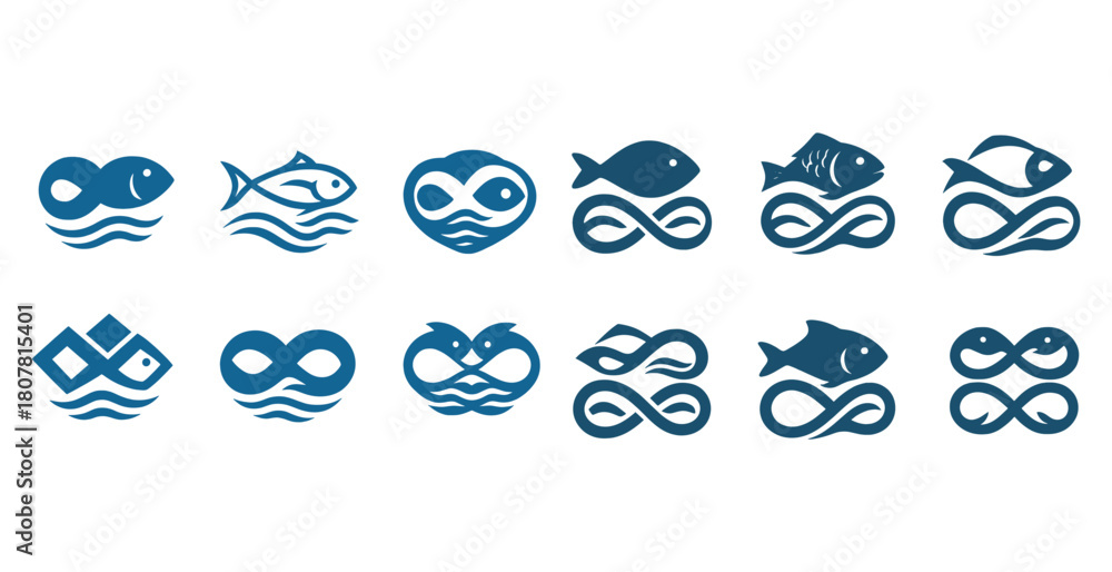 Fototapeta premium Collection of blue fish and infinity symbols in various styles and designs