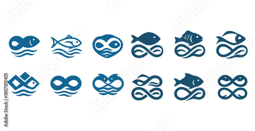 Collection of blue fish and infinity symbols in various styles and designs