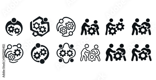 Collaborative teamwork icon set highlighting gear interaction