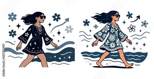 Asian young female walking confidently by the sea in artistic illustration