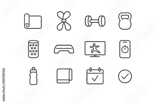 Home Workout Icons. Home workout motivation. Line icon set of home workout motivation: yoga mat, resistance band, dumbbell, kettlebell, foam roller, step
