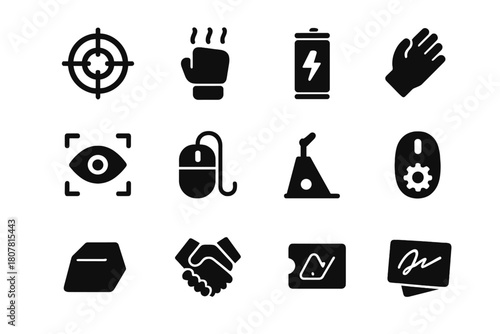 Player Experience Icons. Player Experience. Solid icon set of Player Experience: aim target, hand warmer, energy drink, wrist stretch, focus eye, mousepad,