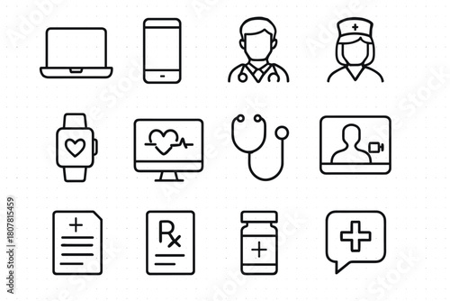 Health Tech Icons. Health tech solutions. Line icon set of health tech solutions: laptop, smartphone, doctor, nurse, wearable device, heart monitor,