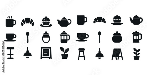 Silhouette icons of coffee, tea, pastries, and furniture for café settings