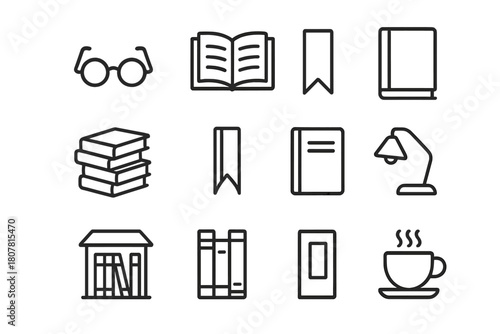 Bookworm Icon Set. Bookworm set. Line icon set of Bookworm set: reading glasses, open book, closed book, stack of books, bookmark, notebook, pen, library, book