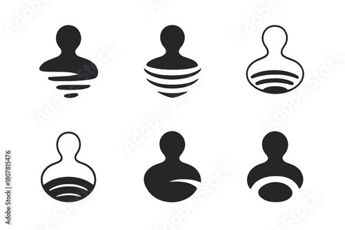 Figures into Void Icons. Figures vanishing into a void. Icon set. Set Logo of figures vanishing into a void: stylized forms fading toward a dark circle.