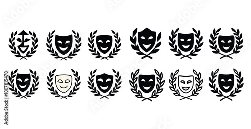 Theater masks and laurel wreath icons in various styles for creative design