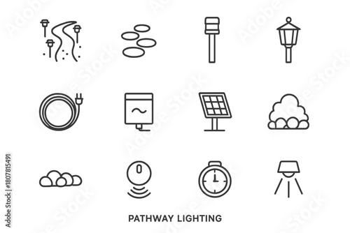 Pathway Lighting Icons. Pathway lighting. Line icon set of pathway lighting: garden path, stepping stones, bollard, lantern, low-voltage cable, transformer,
