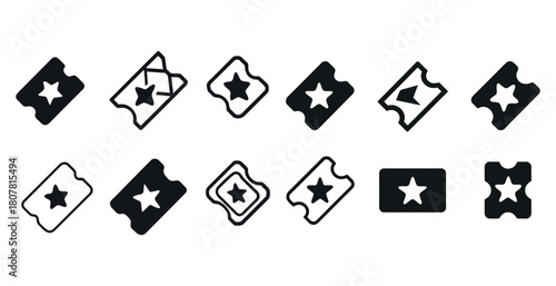 Set of eleven black and white ticket icons with star and heart shapes
