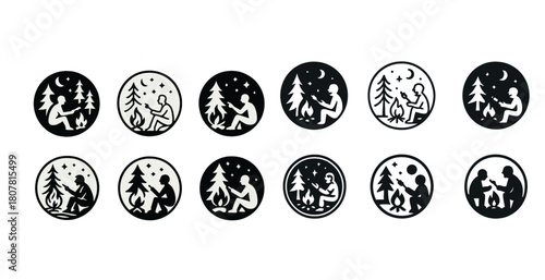 Icons of people camping by campfire at night in nature silhouettes