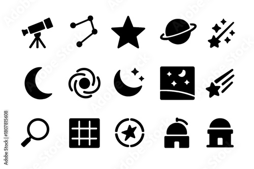 Celestial Icons Grid. Observation Map. Solid icon set of Observation Map: telescope, constellation lines, stars, planet, moon, galaxy, night sky, shooting