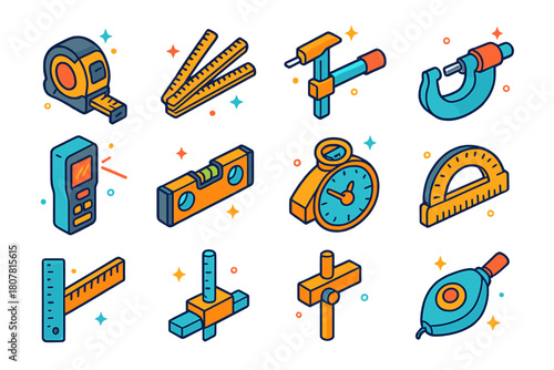 Colorful Measuring Tools Icons. Measuring tools. Colorful isometric vector icons set of Measuring tools: tape measure, folding rule, caliper, micrometer, laser
