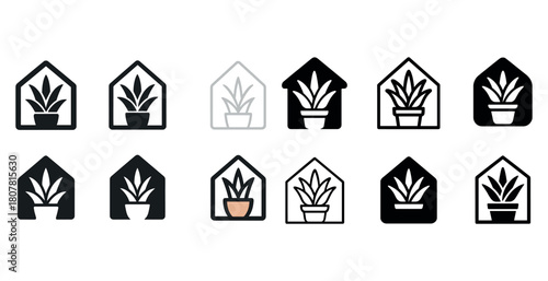 Set of indoor plant icons in diverse house silhouette styles