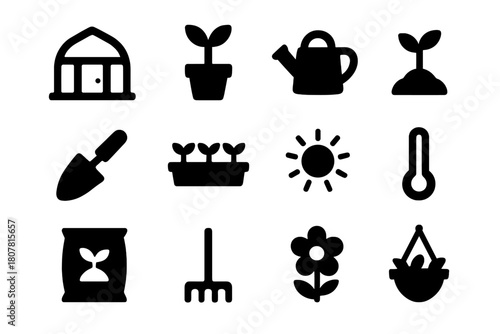 Greenhouse Icon Set. Greenhouse farming. Line icon set of greenhouse farming: greenhouse, plant, thermometer, sun, watering can, seedling, light bulb, humidity