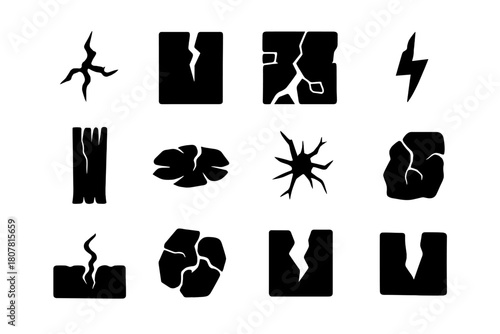 Damage Icon Set. Damage signs. Solid icon set of Damage signs: crack symbol, fracture, broken wall, fissure, chasm, split wood, broken floor, crack in glass,