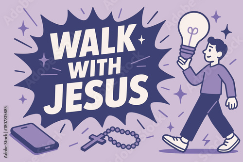 Walk with Jesus. Walk with Jesus banner, flat vector illustration, bold oversized text inside comic burst banner, cartoon characters walking and holding a